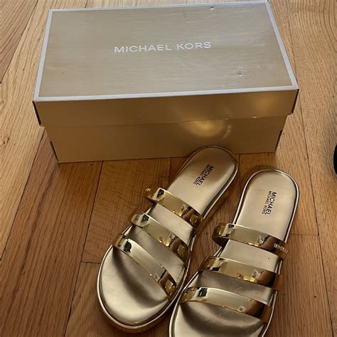 michael kors gold metallic slides|Michael Kors slides women's.